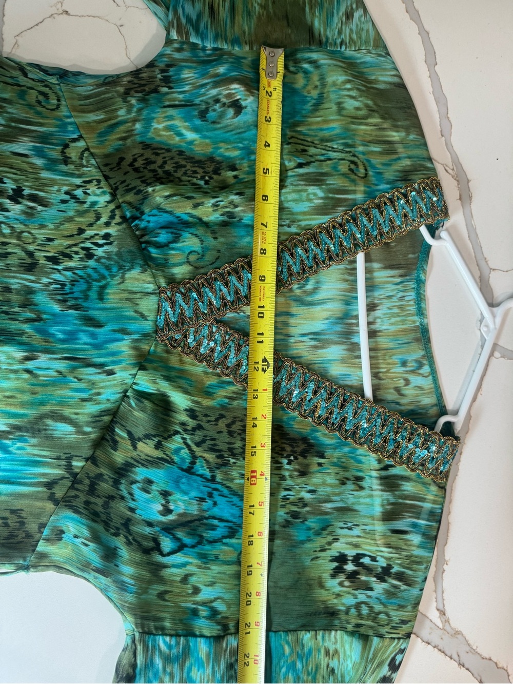 Embellished V-Neck Green Teal Printed Women’s Top peacock - Picture 5 of 7